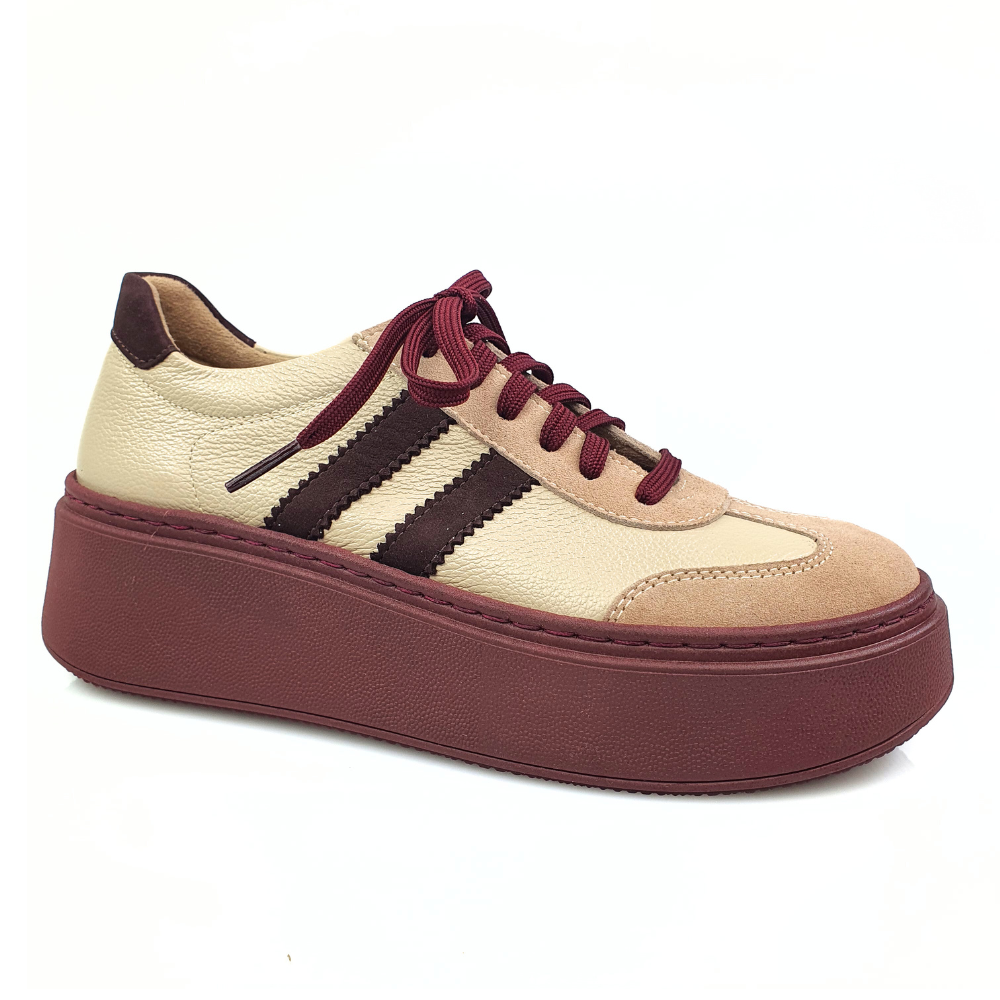 półbuty damskie sneakersy beż + bordo Galant 4032.png
