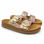 Skórzane klapki ze sprzączkami i platformą pastelowe kwiaty Maciejka P 7537